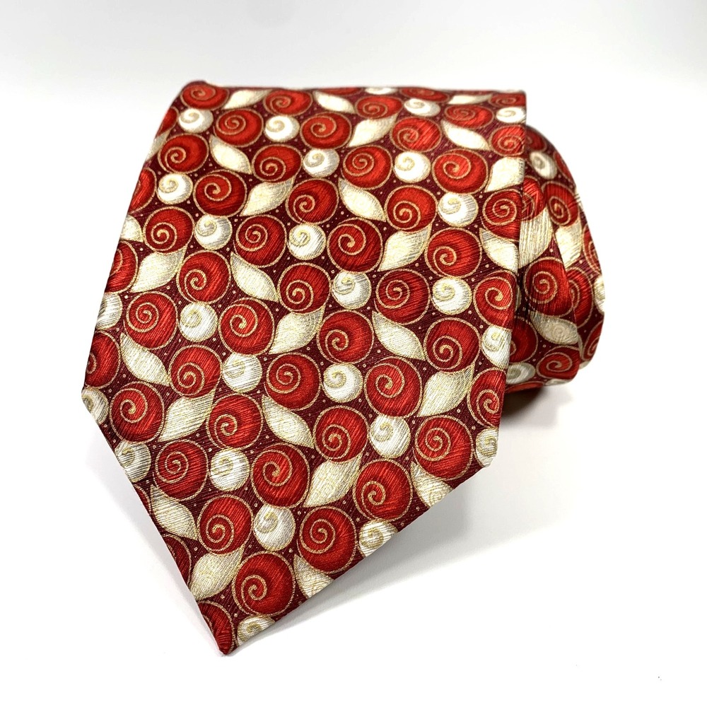 Ermenegildo Zegna Mens Luxury‎ Tie Burgundy Geometric Gold Swirl Silk ITALY XL